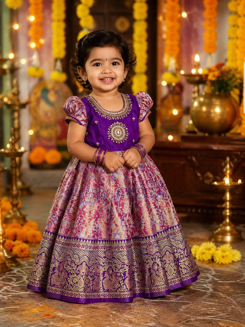 The Grand Festive Edit - Light Pink with Voilet Border Rich and Premium Pattu Frock