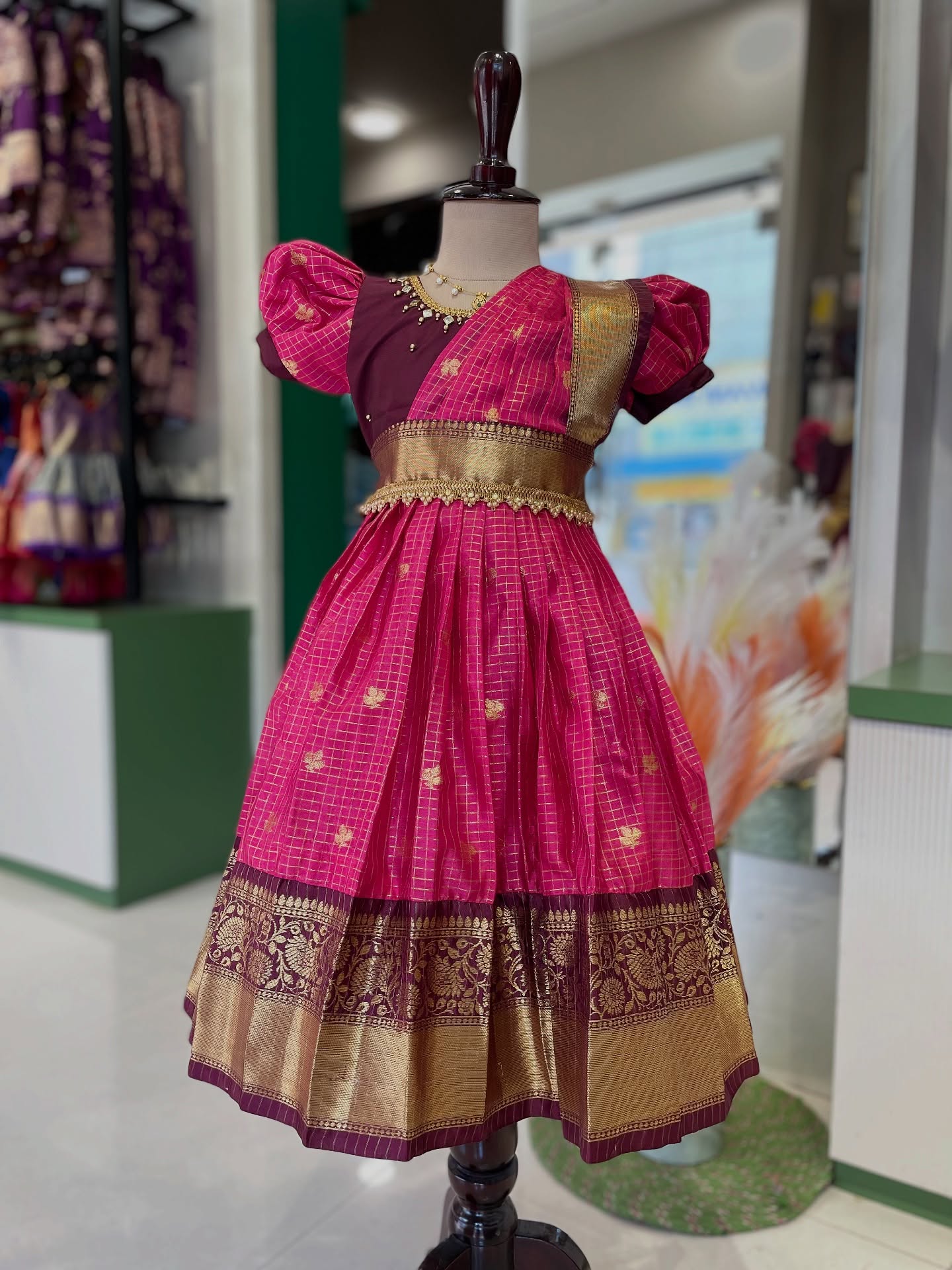 Pink and Maroon Traditional Color combo ethnic frock with dupatta model
