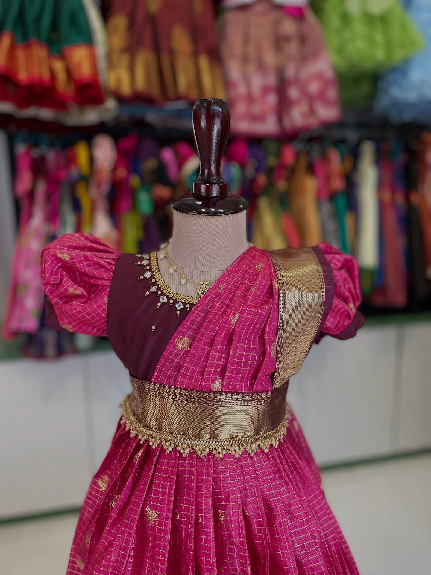 Pink and Maroon Traditional Color combo ethnic frock with dupatta model
