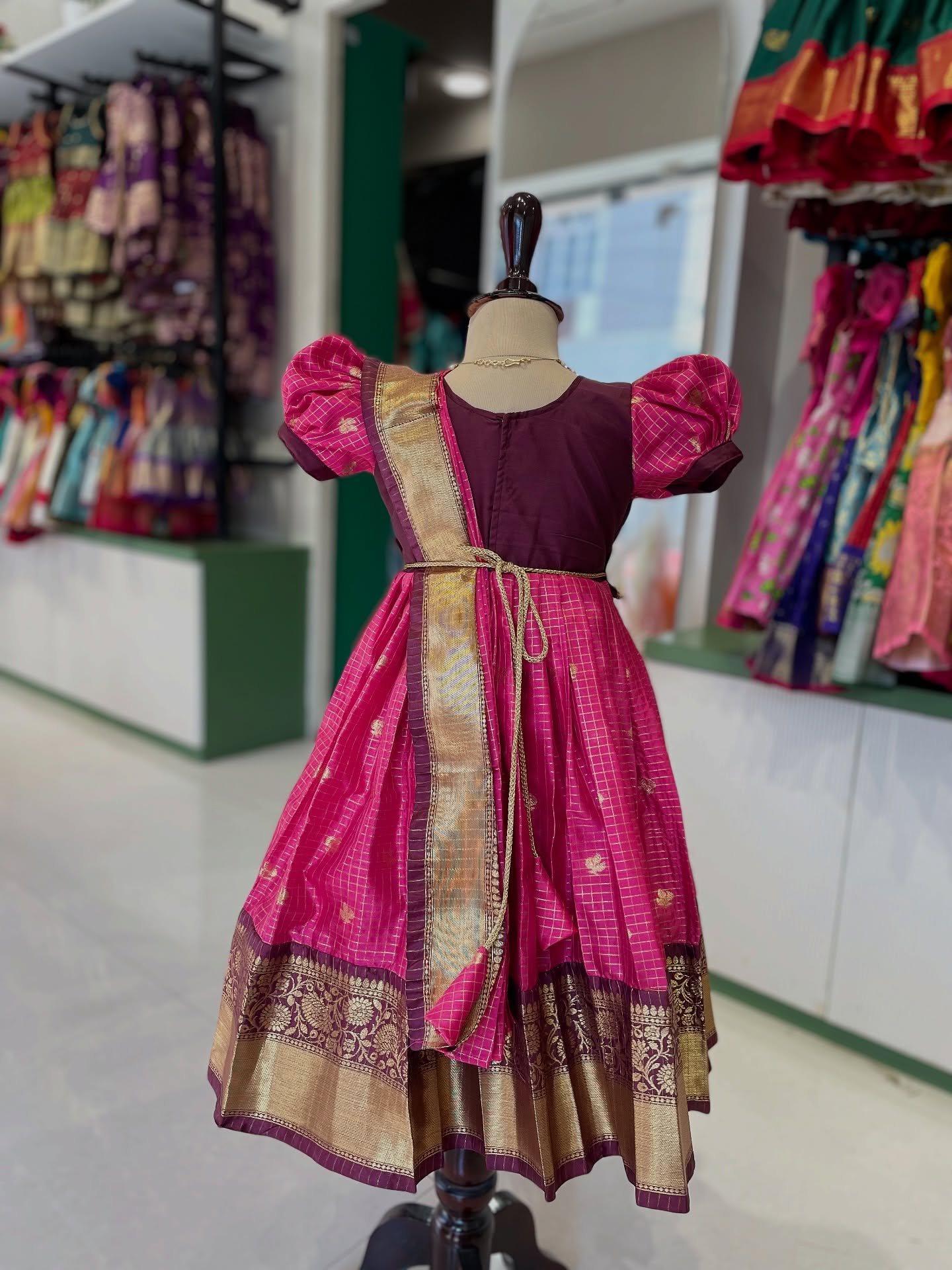 Pink and Maroon Traditional Color combo ethnic frock with dupatta model