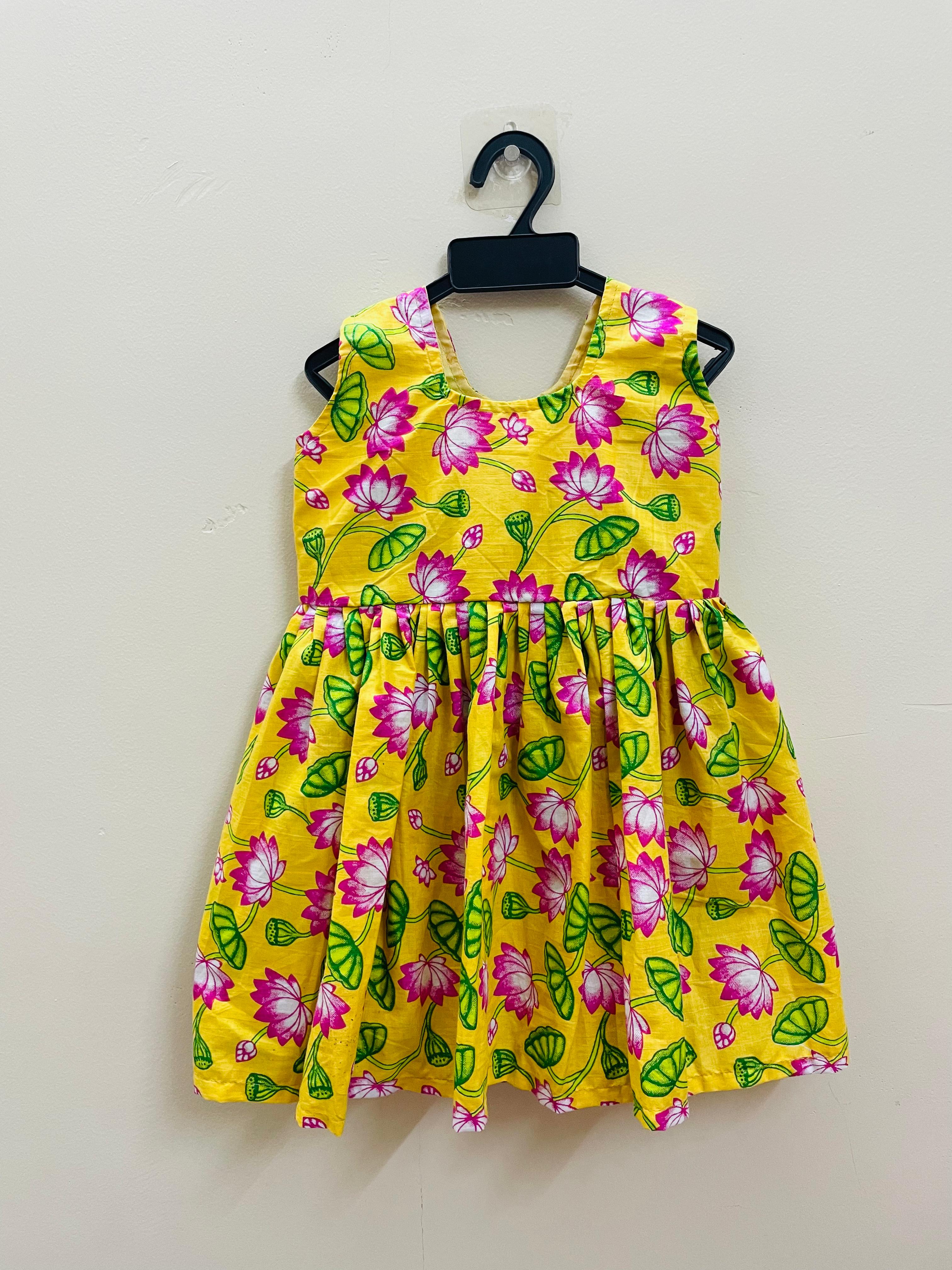 Yellow Pichwai Floral Design Cotton Sleeveless Frock