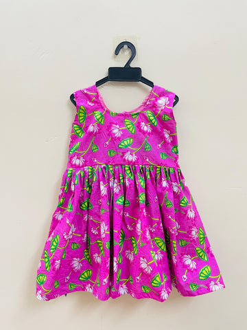 Pink Pichwai Floral Design Cotton Sleeveless Frock