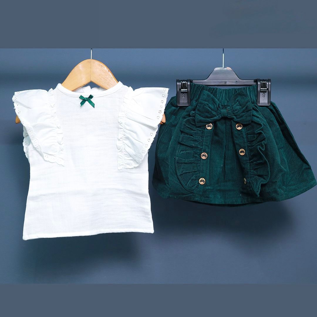 White Cotton Top and Green Velvet Skirt - Jingle Christmas Collections