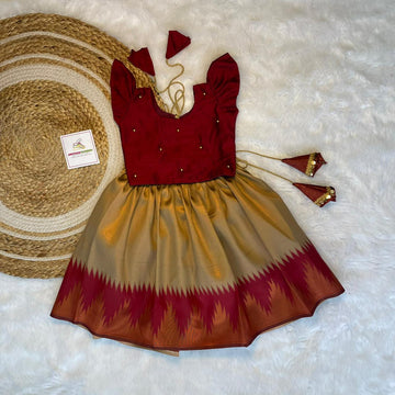 Gold and Dark Red Semi Kanchipattu Paavadai Sattai