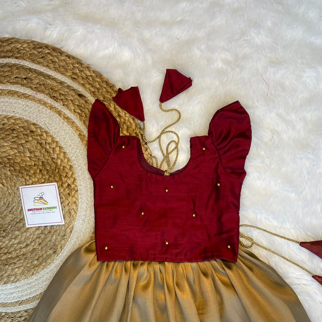 Gold and Dark Red Semi Kanchipattu Paavadai Sattai