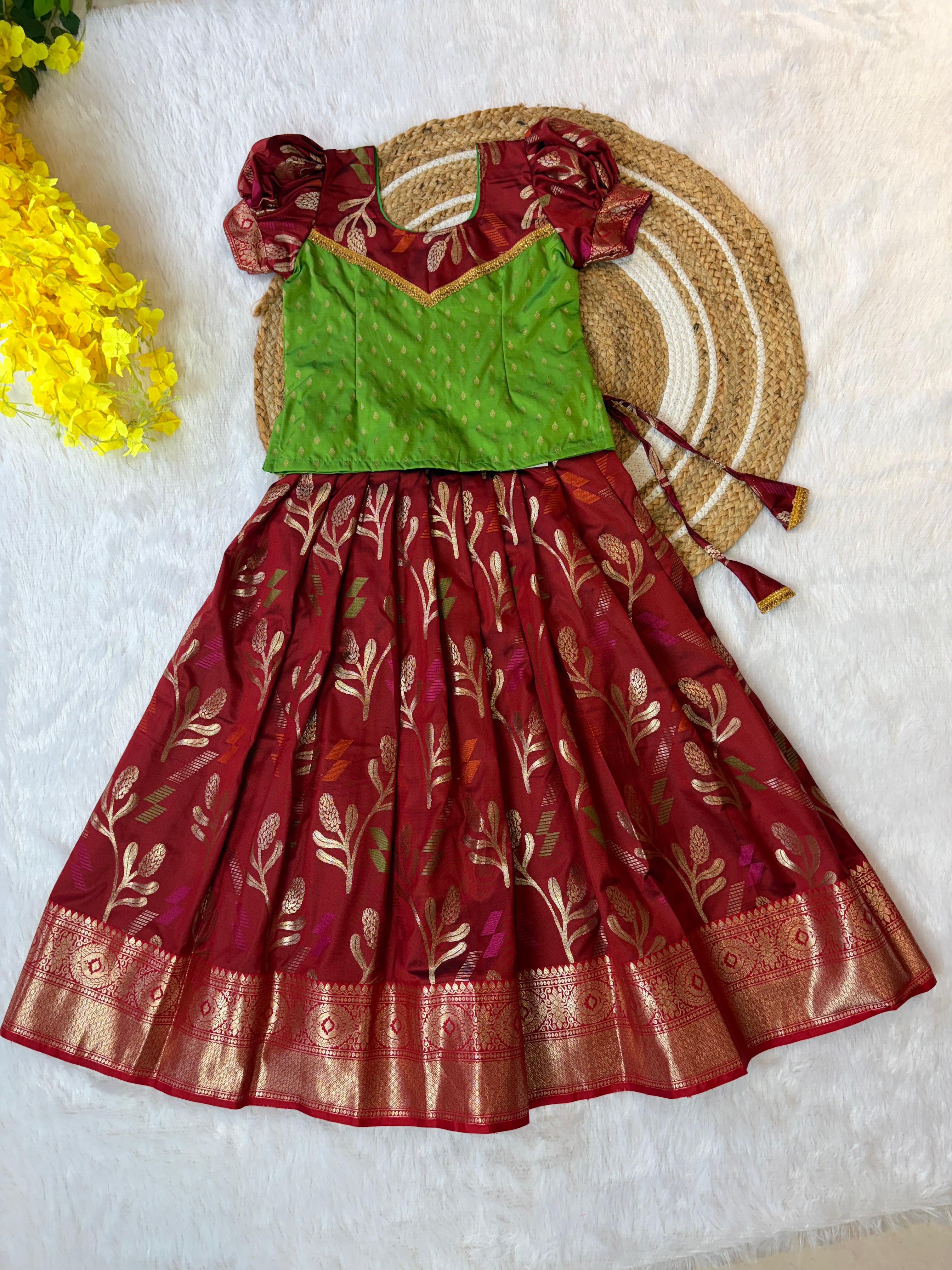 Light Green and Maroon Silk Paavadai Sattai