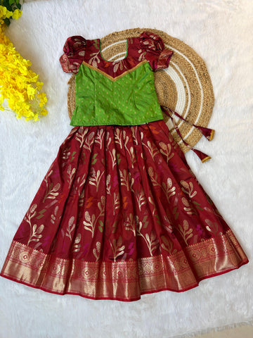 Light Green and Maroon Silk Paavadai Sattai