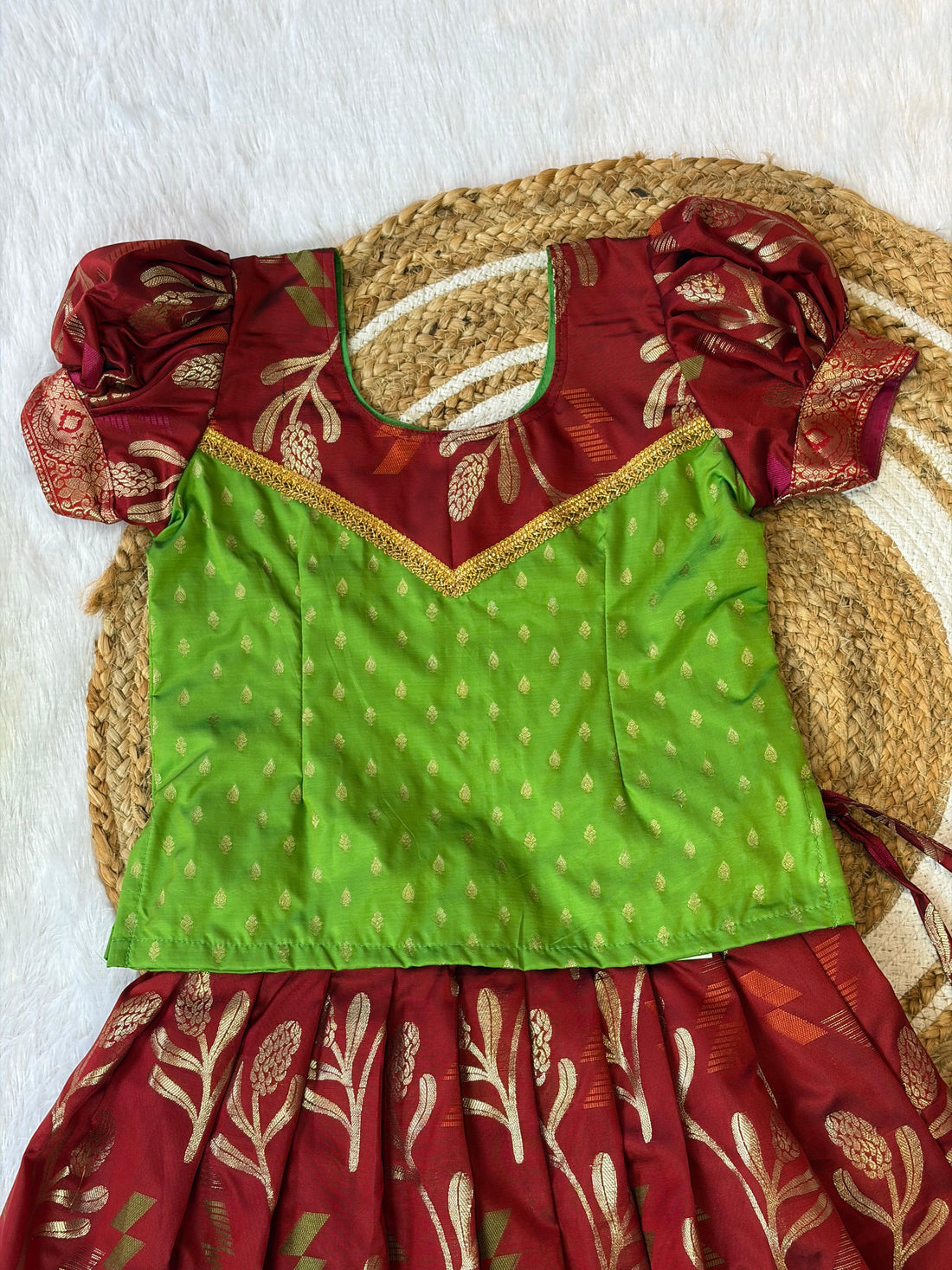 Light Green and Maroon Silk Paavadai Sattai