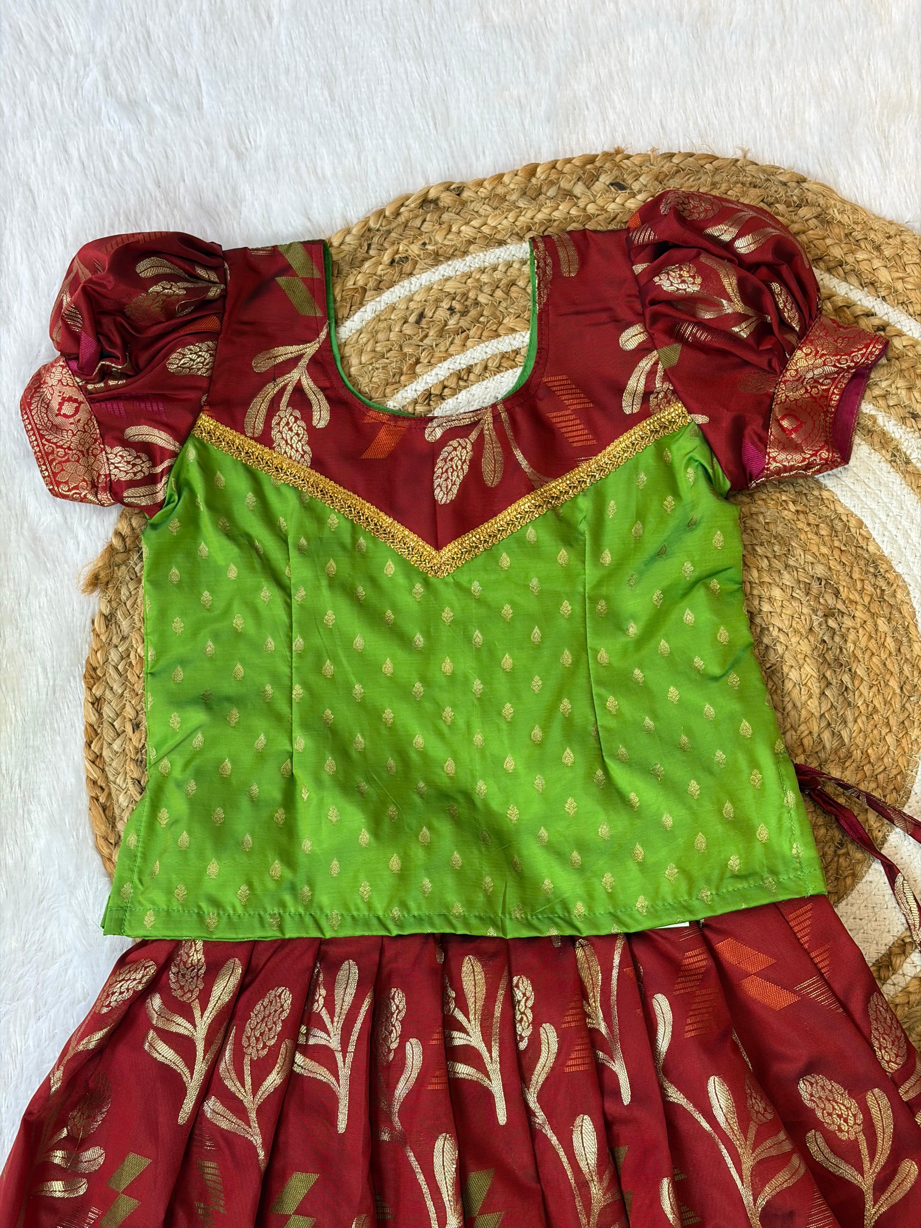 Light Green and Maroon Silk Paavadai Sattai