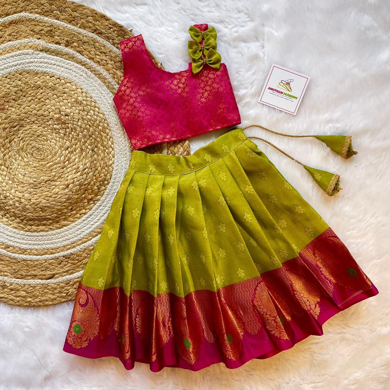 Apple Green and Pink Silk Paavadai Sattai