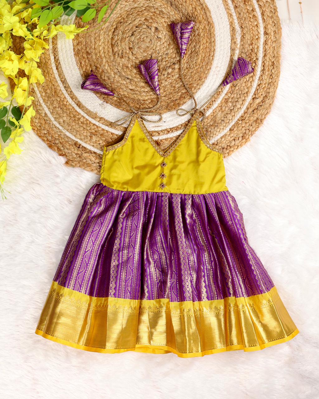 Yellow & Voilet Color Premium Semi Kanchipattu Knot Frock (Short Border)