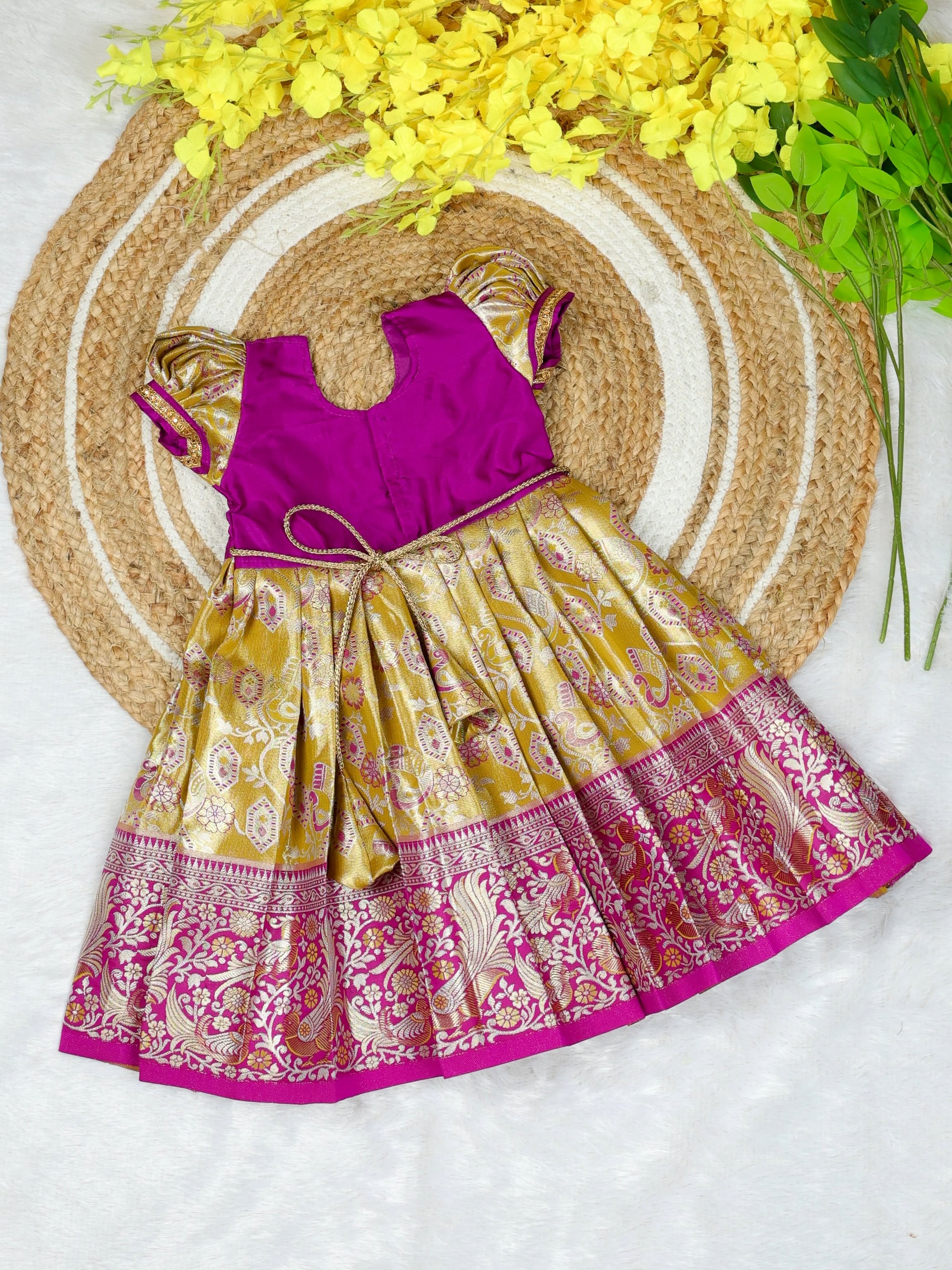 The Grand Festive Edit - Yellow with Purple Border Rich and Premium Pattu Frock