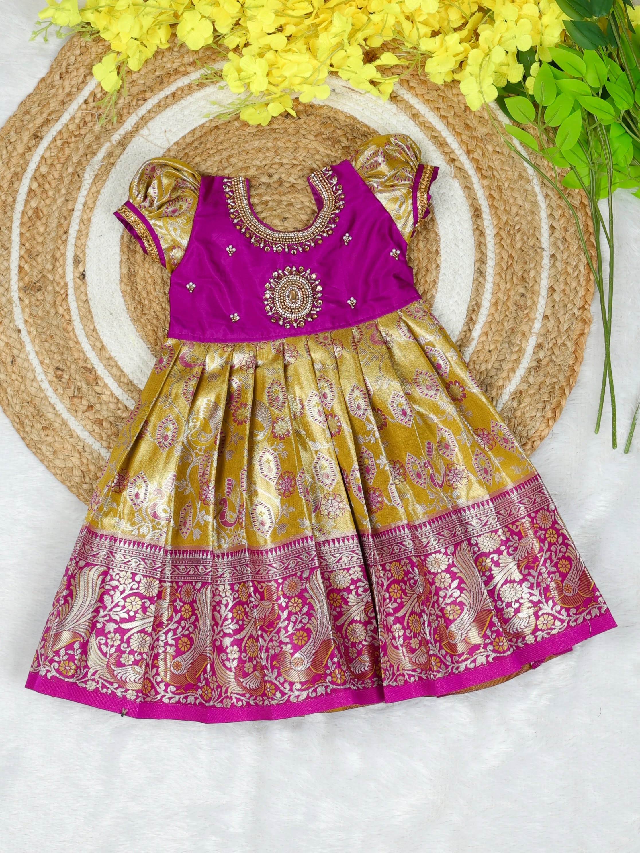 The Grand Festive Edit - Yellow with Purple Border Rich and Premium Pattu Frock