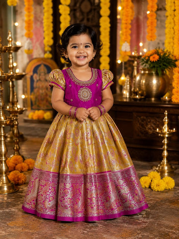 The Grand Festive Edit - Yellow with Purple Border Rich and Premium Pattu Frock