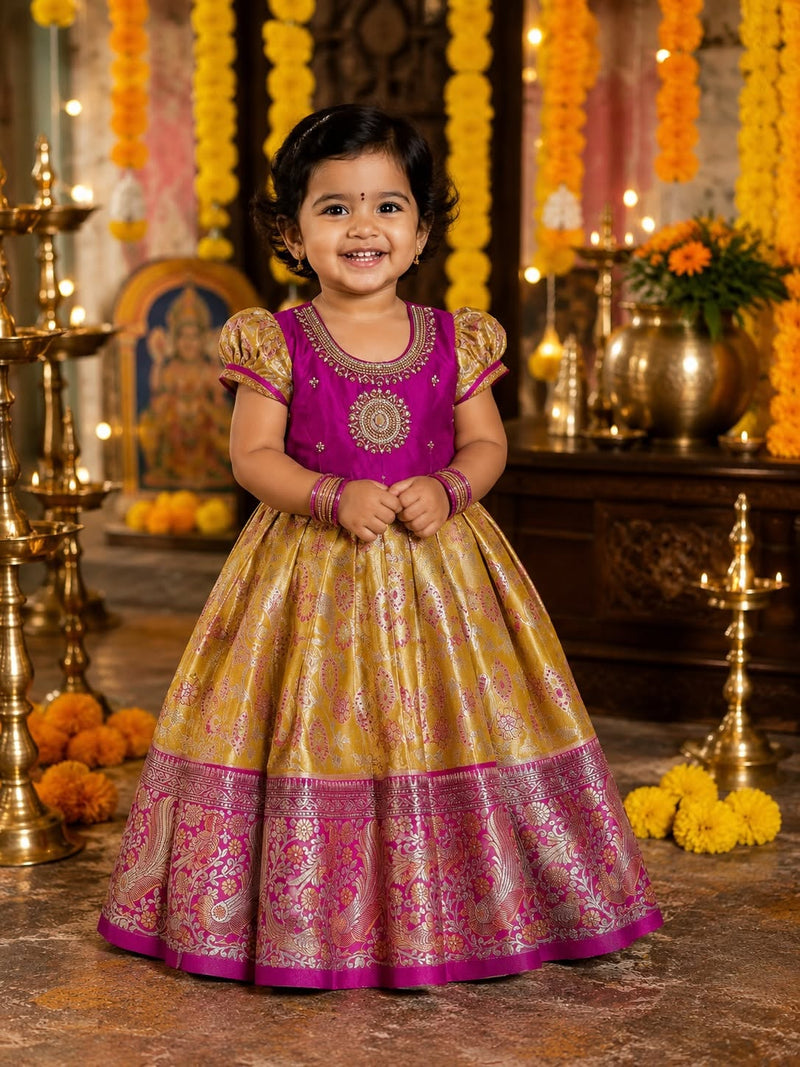 The Grand Festive Edit - Yellow with Purple Border Rich and Premium Pattu Frock