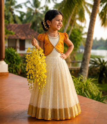 Premium Kasavu Checked Tissue Silk Frock & Silk Overcoat - TINY THUMBI
