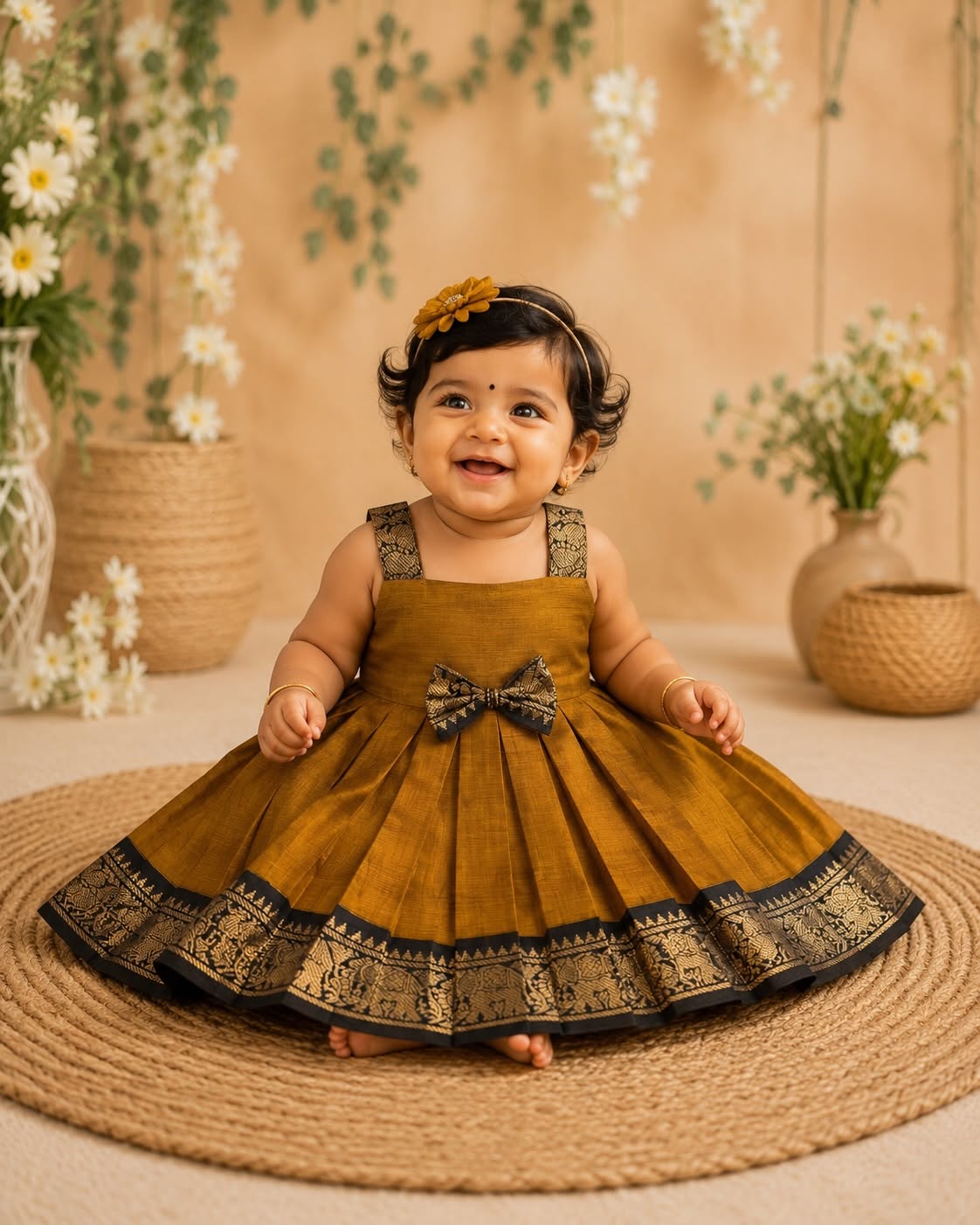 Mustard Yellow with Black - Traditional Kanchi Cotton Kids Ethnic Midi Length Frock
