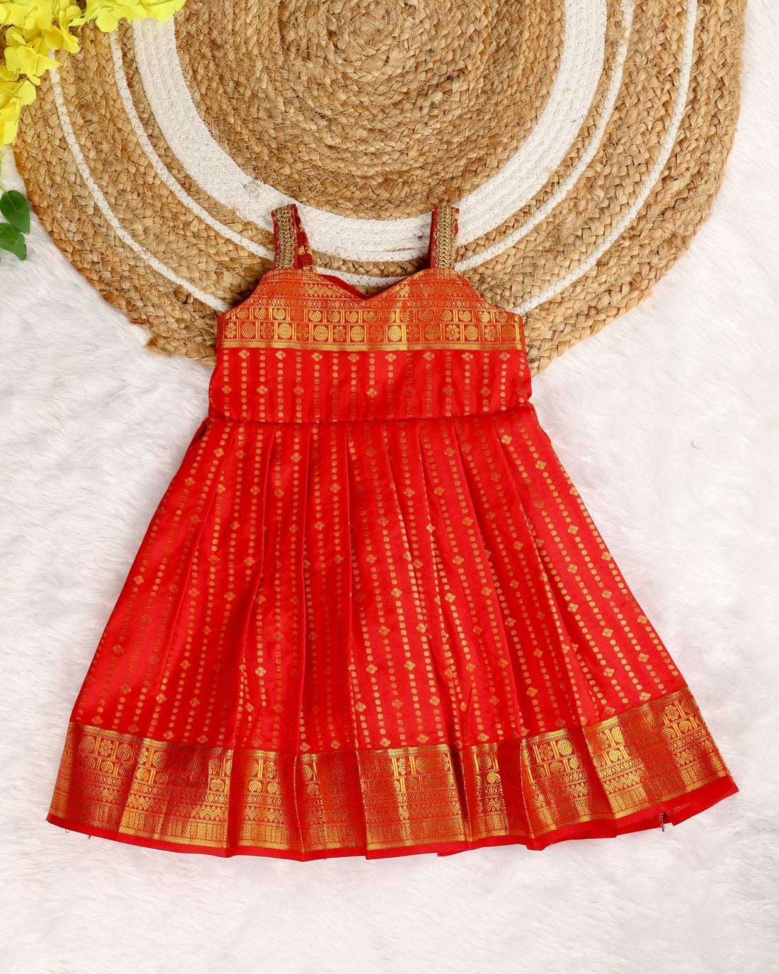 RANJITHAM - Red Semi Kanchi Silk Frock