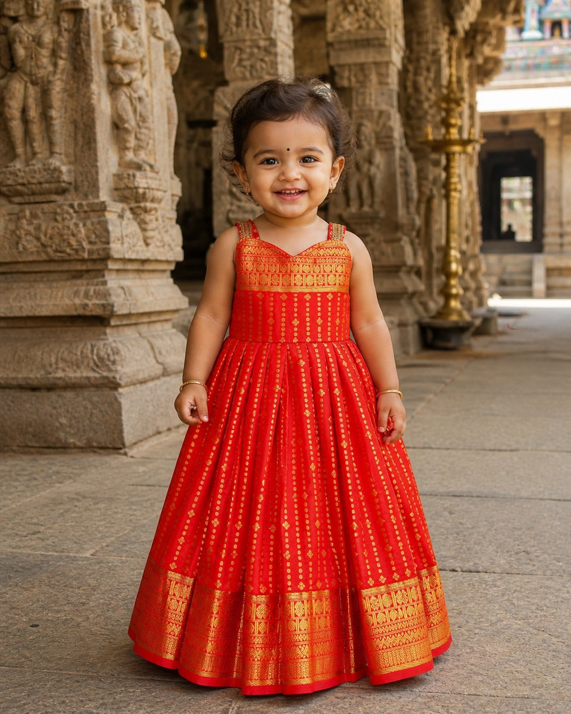 RANJITHAM - Red Semi Kanchi Silk Frock