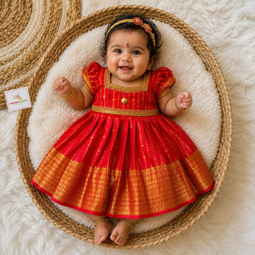 Classic Red Semi Kanchipattu Frock