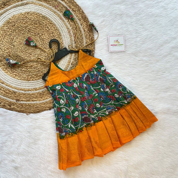 Sungudi Cotton Frock in Kalamkari Print – Green & Yellow Combo