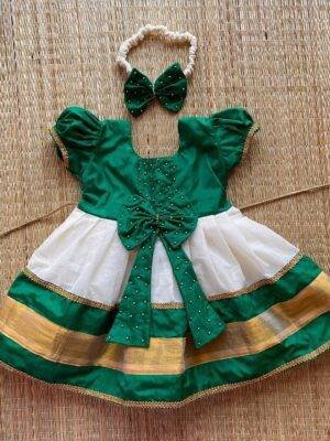 Green & Off White Kasavu Frock (Ready to Dispatch)