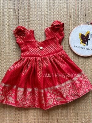 Chilli Red Color Brocade Silk Puff Sleeves Frock (Pre Booking)