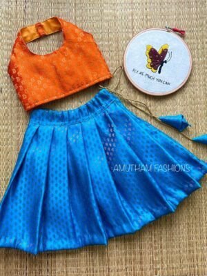 Light Blue & Fanta Orange Brocade Pattu Paavadai Sattai (Pre Booking)