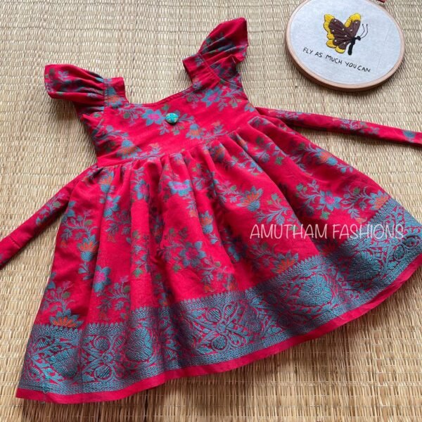 Banarasi Thread Weaving Floral Design & Butterfly Sleeves Frock - Dark Red Color (Ready to Dispatch)