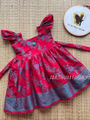 Banarasi Thread Weaving Floral Design & Butterfly Sleeves Frock - Dark Red Color (Ready to Dispatch)