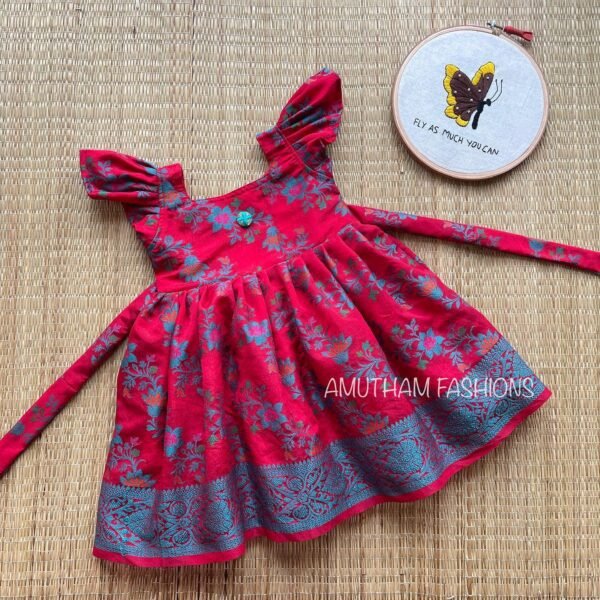 Banarasi Thread Weaving Floral Design & Butterfly Sleeves Frock - Dark Red Color (Ready to Dispatch)