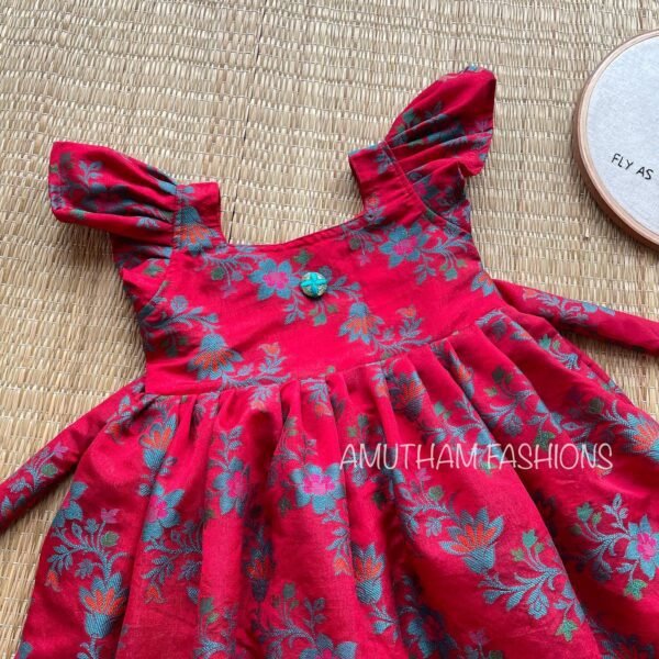 Banarasi Thread Weaving Floral Design & Butterfly Sleeves Frock - Dark Red Color (Ready to Dispatch)