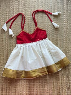 Red & Off White Knot Type Kasavu Frock (Pre Booking)