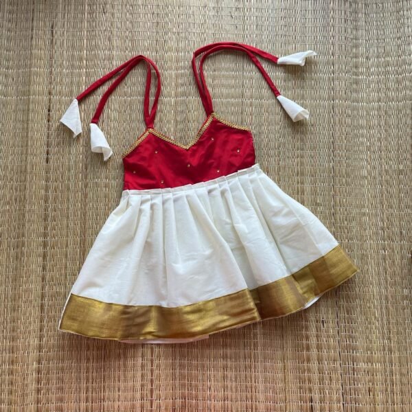 Red & Off White Knot Type Kasavu Frock (Pre Booking)