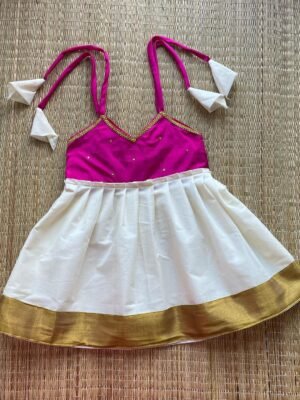 Pink & Off White Knot Type Kasavu Frock (Pre Booking)