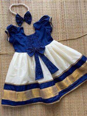 Dark Blue & Off White Kasavu Frock (Ready to Dispatch)