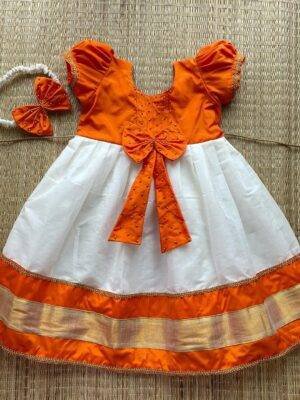 Fanta Orange & Off White Kasavu Frock (Pre Booking)