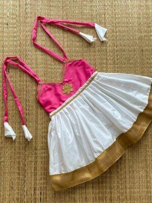 Baby Pink & White Knot Type Kasavu Frock (Pre Booking)