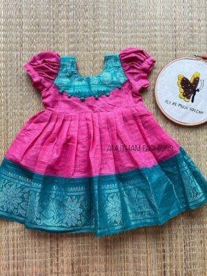 Light Pink & Ramar Blue Sungudi Cotton Frock - Puff Sleeves (Ready to Dispatch)