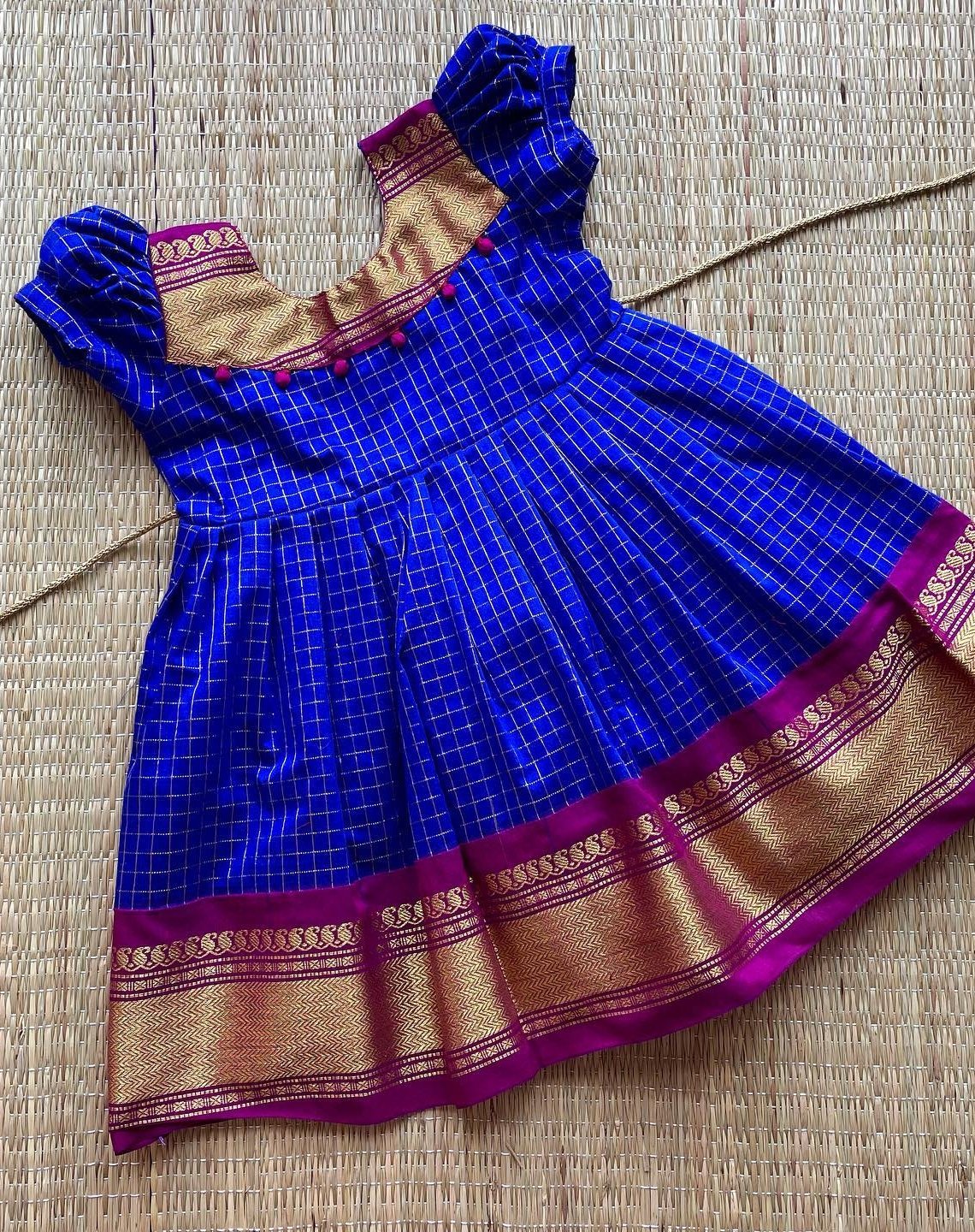 Traditional Kalyani Zari Kattam Silk Cotton Frock Blue Ready to