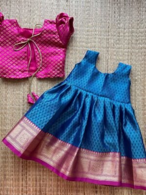 Pink & Blue Kora Muslin Pattu Frock & Overcoat Model (Pre Booking)