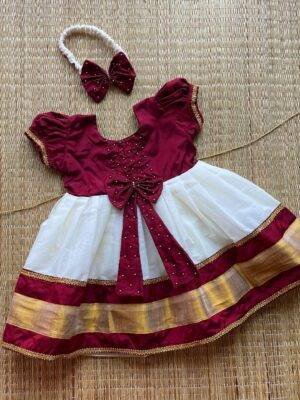 Maroon & Off White Kasavu Frock (Ready to Dispatch)