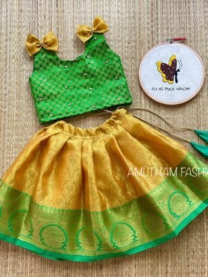 Mustard Yellow & Bottle Green Kora Muslin Pattu Paavadai Sattai (Pre Booking)