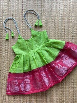 Light Green & Red Sungudi Cotton Knot Frock (Ready to Dispatch)