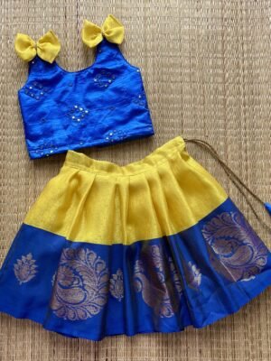 Yellow & Navy Blue Kora Muslin Pattu Paavadai Sattai (Pre Booking)