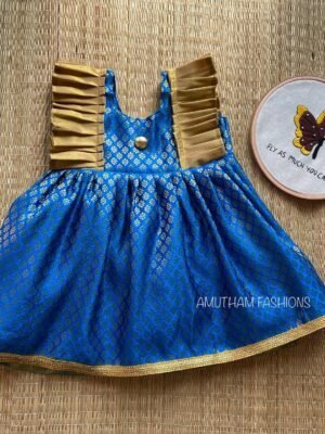 Brocade Silk Side Frills Frock - Navy Blue (Pre Booking)