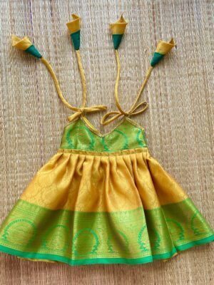 Mustard Yellow & Bottle Green Kora Banarasi Pattu Frock (Pre Booking)