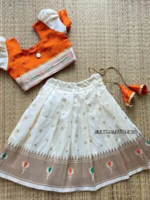 Pure Litchi Silk Paithani Copper zari weaving Pattu Paavadai & Sattai – Off White & Fanta Orange (Pre Booking)