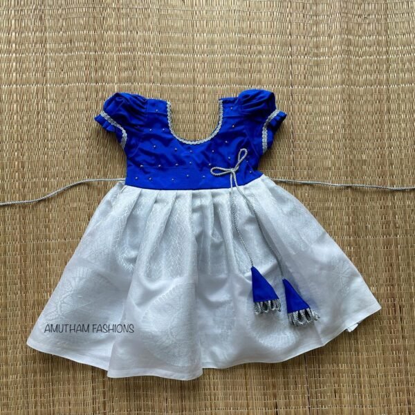 Handloom Tissue Silk Silver Zari Weaving Pattu Frock - Blue Silk Cotton with White Color Silver Zari  (Ready to Dispatch)