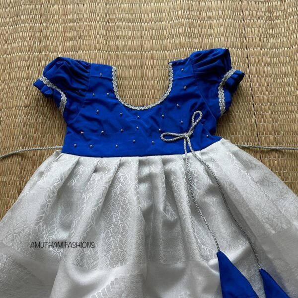 Handloom Tissue Silk Silver Zari Weaving Pattu Frock - Blue Silk Cotton with White Color Silver Zari  (Ready to Dispatch)